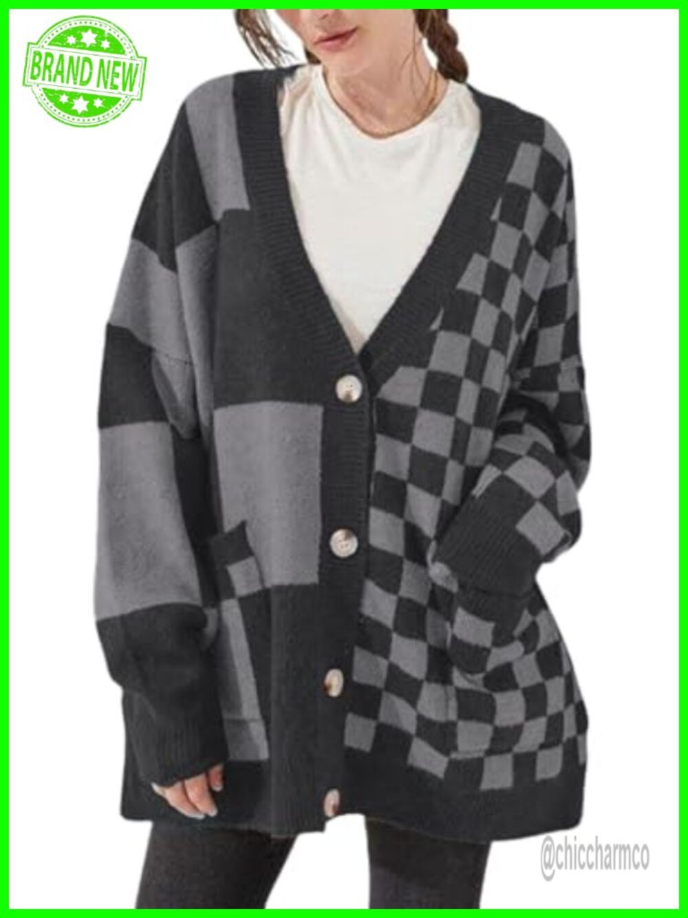 Oversized Checkered Cardigan Button Down V Neck Knit Sweater